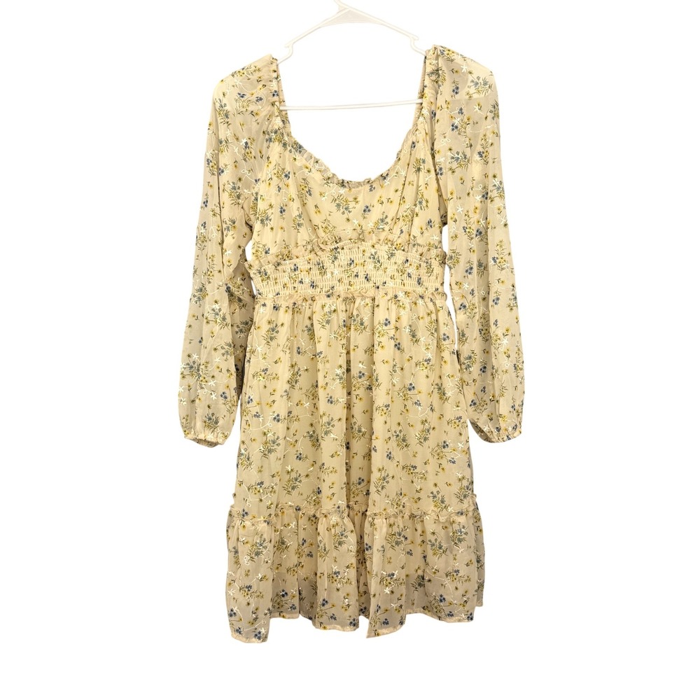 Mary & Mo Mini Dress Women Small Cream Floral Smocked Waist Long Sleeve Tiered